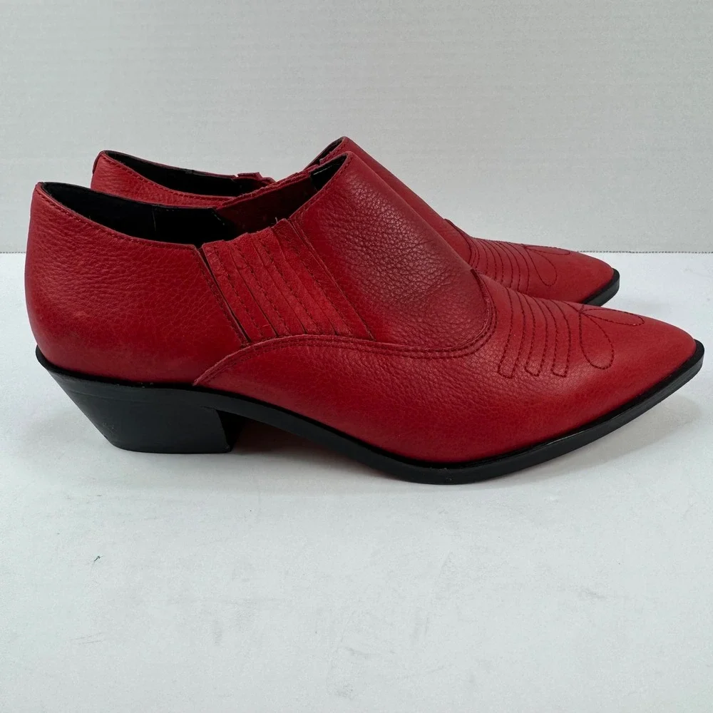 Rebecca Minkoff Red Leather Western Pointed‎ Toe Block Heel Booties Womens 6.5M